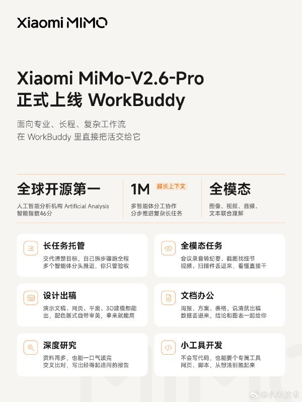 Xiaomi MiMo-V2.6-Pro 上线 WorkBuddy